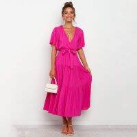 【jw】♕  Womens Dresses 2023 New And Lace-Up Short-Sleeve Ruffle V-Neck Fashion Color Ankle