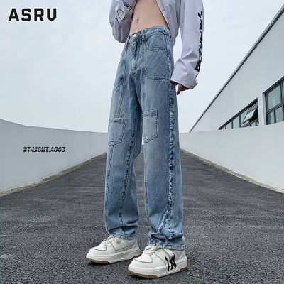 ASRV กางเกงยีนส์ชาย กางเกงขายาว ชาย กางเกงยีนส์ผู้ชาย jeans for men กางเกงยีนส์กระเป๋ากางเกงดีไซน์ขอบหยาบยีนส์หลวมขาตรงผู้ชาย