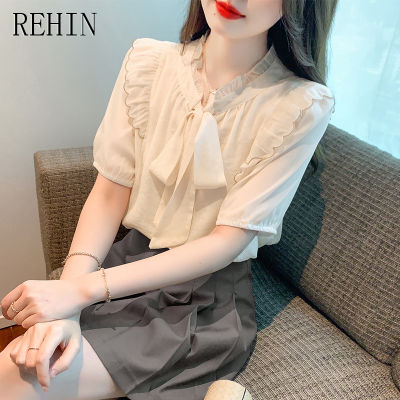 REHIN เสื้อผู้หญิงแขนสั้นผ้าชีฟองผูกเชือก,เสื้อสไตล์เกาหลีแบบใหม่ฤดูร้อนเสื้อครึ่งตัวสตรีหวานแหววนางฟ้าลดอายุผ้าชีฟองมีระบาย
