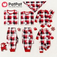 PatPat Christmas Family Matching เสื้อเซ็ตชุดนอนแขนยาวพิมพ์ลายซานต้าสำหรับครอบครัวคริสมาสต์พิมพ์ลายสก็อตสีแดง (ทนไฟ)