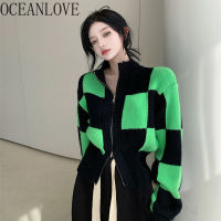 OCEANLOVE Women Sweaters Zipper Plaid Contrast Color Vintage Korean Cardigans Ins Fashion Autumn Winter Jersey Mujer Sweet