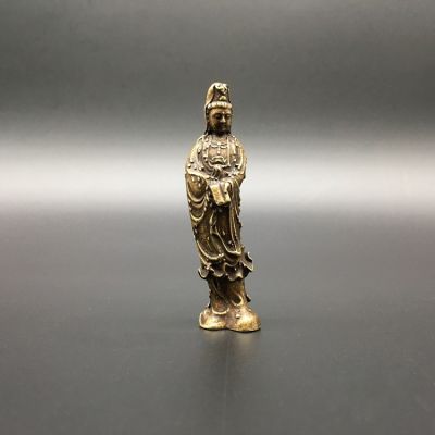 ทองแดงจีนแกะสลักทองแดงบริสุทธิ์พระพุทธรูปรูปปั้น Guan Yin Handing ขงจื๊อคลาสสิกหนังสือ Kwan-Yin ประณีตรูปปั้นขนาดเล็ก ~