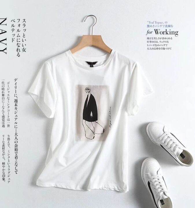 2201-massimo-dutti-2023ชุดเดรสหน้าร้อนใหม่เสื้อยืดลายการ์ตูนคอกลมพิมพ์ลายสีขาวคลาสสิกโจ๊กเกอร์สร้างสรรค์เสื้อแขนสั้น