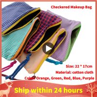 Tas kotak-kotak wanita kantung kosmetik katun dan linen berritsleting portabel kapasitas besar