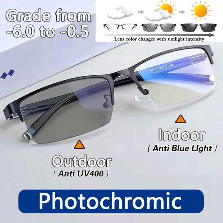 05 To 60 Photochromic Myopia Glasses Men Anti Uv400 Metal Business Nearsighted Glasses