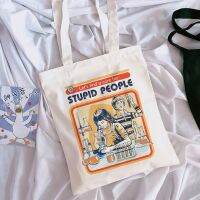 【ACD】   Let 39; S Find A Cure For Stupid People Devil Letter Print Women Canvas Large Capacity Vintage Harajuku Cartoon Casual Shoulder Bag