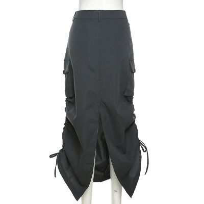 ‘；’ Gray Casual Baggy Techwear Cargo Skirts Womens Big Pockets Streetwear Drawstring Hem Low Waist Hippie Long Skirt Y2K