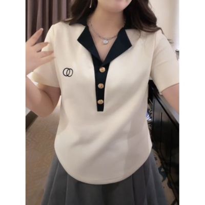 COD DSFDGDFFGHH 2022 polo collar embroidered T-shirt womens large yards college wind hundred take short-sleeved thin short section tops【现货热卖】2022polo领刺绣T恤女 大码学院风百搭短袖显瘦短款上衣 12.11