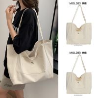 Summer large-capacity commuter tote bag female 2023 new one-shoulder student white simple canvas bag shopping bag 【QYUE】