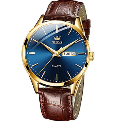 OLEVS Amazon Watches,Brown Leather Watch for Men,Men Day Date Watch,Mens Luminous Watch,Dress Watch for Men,Rose Gold Watch for Men,Mens Fashion Quartz Watch,Waterproof Brown Man Watches brown leater blue dial