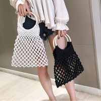 Fashion Popular Woven Bag Mesh Rope Weaving Tie Buckle Reticulate Hollow Straw Bag No Lined Net Shoulder Bag