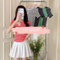 DD SHOPพร้อมส่ง 71003 เสื้อไหมพรม แขนสั้นคอกลม ลายทางน่ารักดีเทล เปิดไหล่เก๋ๆ