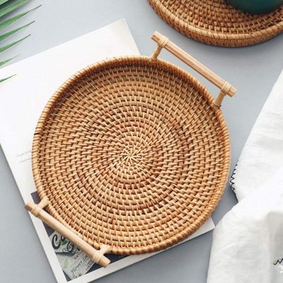 Storage Tray, Round with Handle, Hand-, Rattan Tray Wicker Basket Bread Fru