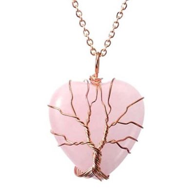 New Tree of Life Wire Wrapped Love Heart Necklace Women Female Natural Gem Stone Tiger Eye Pink Quartzs Charm Pendant Jewelry