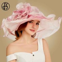 FS หมวก Kentucky Derby สีชมพูสำหรับผู้หญิงผ้าโปร่งบางหมวกกันแดดดอกไม้หรูหราปีกกว้างขนาดใหญ่งานแต่งงานโบสถ์ Fedoras