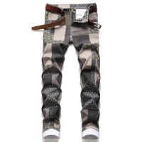 【YD】 Men Colorful Personalized Trousers Fashion Print Stitching Elastic Close-Fitting Pants Small Straight Tube Jeans