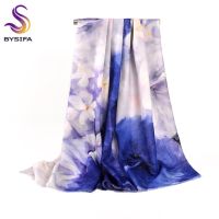 BYSIFA ผ้าคลุมไหล่ผ้าพันคอขนสัตว์ขนแกะแท้สีฟ้าขาวผ้าพันคอสไตล์จีน Pashmina