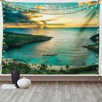 【cw】Hawaiian Tapestry Sunrise Over Hanauma Oahu Hawaii Sunbeams Through Clouds Shoreline Wall Hanging Decor Green Orange Tapestries ！