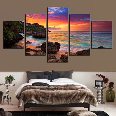 Pictures Artwork Canvas Printed Seascape 5 Panel Canvas Decoration Poster Sunset Glow Wall Art Painting Beach Waves Modern Frame