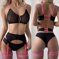 【CW】  New Erotic Clashing Color Patchwork Mesh See-through Gathered Womens Babydolls Porn Sheer Panty Set