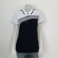 เสื้อโปโลผู้หญิง WoMen Polo Shirt Plain Polo T Shirt Soft Pique Short Sleeve Tops For WoMen Side Vents สีดำ ตัดต่อเฉียงดำเทาขาว เนื้อผ้านุ่ม สวมใส่สบาย ซึ่งมีทั้งแบบชาย และแบบผู้หญิง