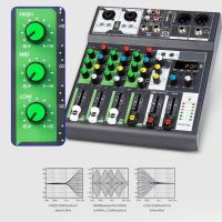 4 Channel Mixer Input 48VPhantom Power Stereo DJ Studio Streaming Mixer with Built-in Computer Sound Card