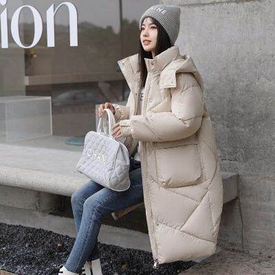 CRRIFLZ Womens Solid Color Big Pocket Hooded Jackets Casual Medium Long Parka Autumn Winter Rhombic Lattice Loose Coat