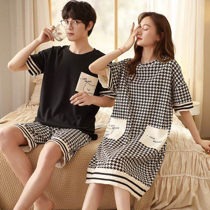 2023-new-fashion-waffle-cotton-sleepwear-for-couples-summer-short-mens-pajamas-set-womens-sleeping-dress-female-male-pjs