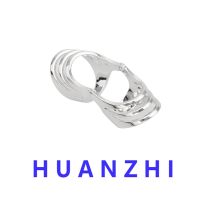 {BUSA Fashion Accessories} HUANZHI 2022ใหม่พังก์การออกแบบทางกลรูปไข่กลวงสีเงินไทเทเนียมแหวนปรับเครื่องประดับนิ้วคู่