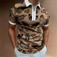 【high quality】  Mens Summer Butterfly Print Casual Zip Sleeve Polo Shirt Mens Fashion Sweatshirt size：s-6xl