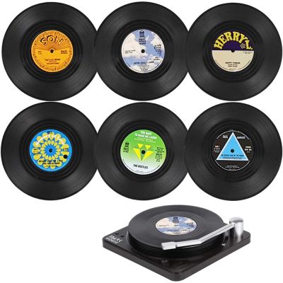 【CW】 Set of 6 Vinyl Coasters for Drinks Music with Holder Disk Coaster Mug
