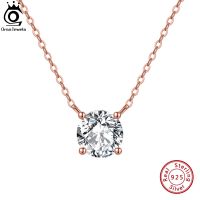 ORSA JEWELS Real S925 Silver Solitaire Zirconia Pendant 14K Gold Plated Elegant Women Necklace Wedding Jewelry for Girls APN13