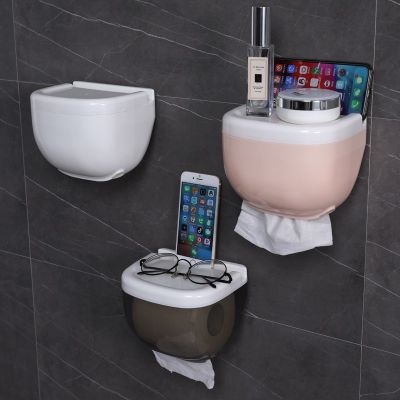 ﹍✌▦ Toilet Paper Roll Holder Box Waterproof Mobile Phone Rack Punch Free Bathroom Shelf Accessories