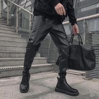 Motorcycle style PU Leather Pants Black Men Casual Harlan Pants Korea Fashion Solid Vintage Loose Cargo Trousers Male 2023 New