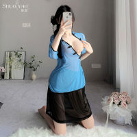 Spot parcel post Sexy Lingerie Womens See-through Side Fork Uniform Republic of China Style Student Dress Short Skirt Sexy Cheongsam Nightdress Bib Set