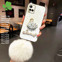 เคสหรูหราเพชรเงางามหงส์ + เคสสำหรับ Vivo โทรศัพท์ลูกบอลมีขน T1 T1x Y12A Y12S Y20 Y20A Y20S Y20i Y21 Y21A Y21S Y21T Y33T Y33S