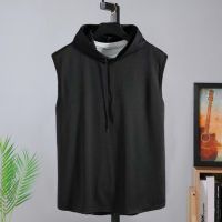 Korean Style Mens Vest Hooded Drawstring Solid Color Loose Pullover Sports Soft Sleeveless Tank Top Summer Male Clothing M-3XL