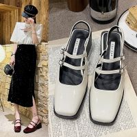 2023 Womens Summer New Retro Square Head One Line Buckle Mary Jane Back Hollow Thick Heel Baotou Sandals