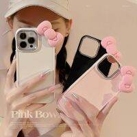 เคสสีทึบแฟชั่นการ์ตูนน่ารักรูปโบว์สีชมพูสำหรับ iPhone 11 12 13 14 Pro Max SE XR XS 7 8 Plus ปลอกซิลิโคนกันกระแทก