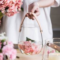 Clear Glass Vase with Leather Handle Tabletop Flower Container Flowerpot Plant Bottle Organizer Storage Jar Home Decor