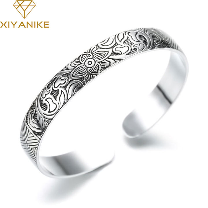 2021xiyanike-new-fashion-925-sterling-silver-cuff-bracelet-charm-women-vintage-lotus-flower-religious-party-jewelry-adjustable