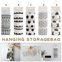 Black White Pattern Cotton Linen Hanging Storage Bag 3 Pockets Wall Mounted Wardrobe Hang Bag Wall Pouch Cosmetic Toys Organizer