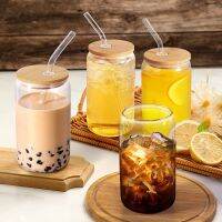 ✠ 4 Set Coke Cup Glasses with Bamboo Lids and Glass Straw Reusable Drinking Glasses Beer Can Glass Cups for Soda Juice Drinkware