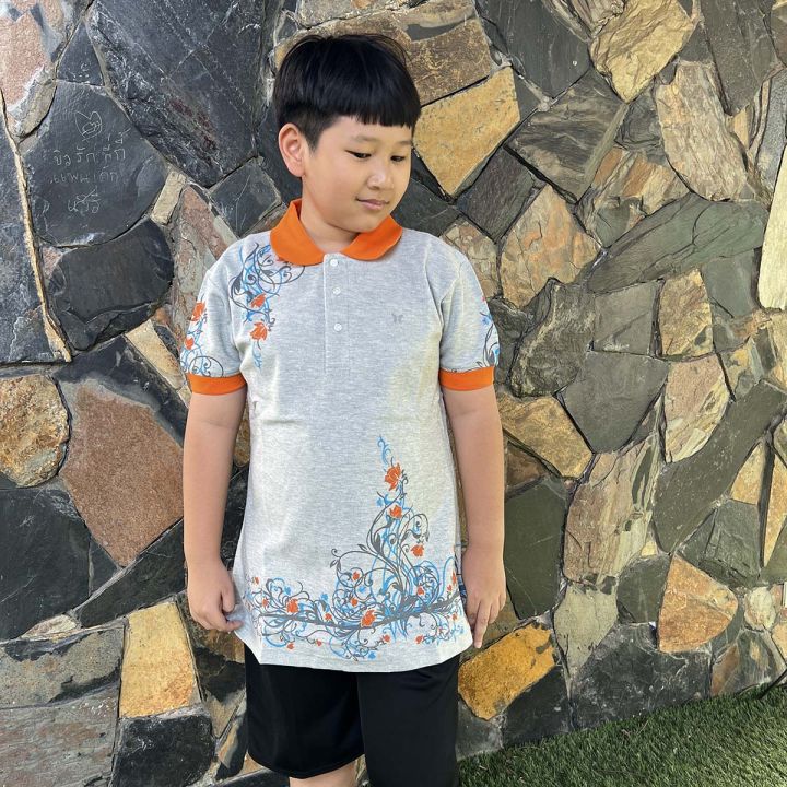 เสื้อโปโลเด็กโต-สำหรับเด็ก-น้ำหนัก-38-60-กิโล-สีเทาปกส้ม-และสีฟ้าอ่อน-ปกม่วง-สกรีนลายดอกไม้-นุ่ม-สวมใส่สบาย-ทรงสลิม