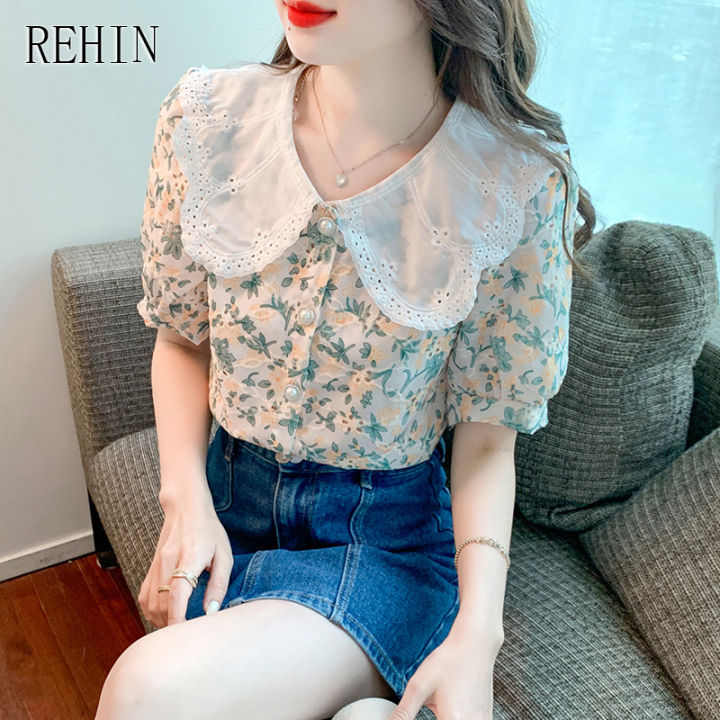 rehin-เสื้อปักลายดอกไม้แขนสั้นสำหรับผู้หญิง-เสื้อเบลาส์หรูหราแบบใหม่