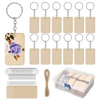 80Pcs Blank Rectangle-Shaped Wooden Keychain Set, 80Pcs Key Rings and Rope Keychain DIY Keychain Supplies for Craft