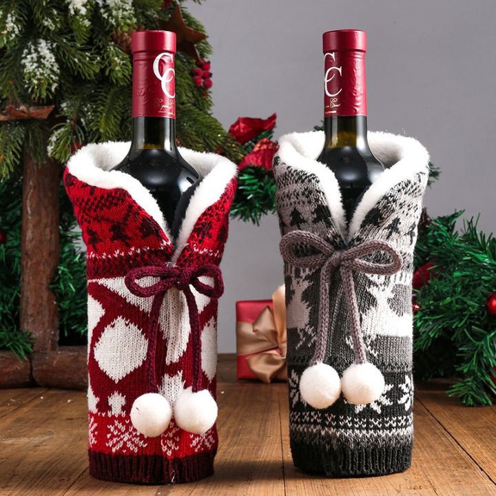 high-end-cups-2022ใหม่ชุดไวน์แดงลูกขนสัตว์ถักโบว์ขวดไวน์แดงชุดคริสต์มาสตกแต่งบ้านบรรยากาศอุปกรณ์สไตล์นอร์ดิก