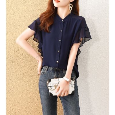 In the summer of 2023 the new lotus leaf splicing chiffon shirt sleeve brief vogue female loose show thin solid color jacket with short sleeves