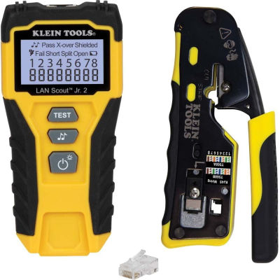 Klein Tools 80072 RJ45 Cable Tester Kit with LAN Scout Jr. 2, Coax Crimper / Stripper / Cutter Tool and Pass-Thru Modular Data Plug