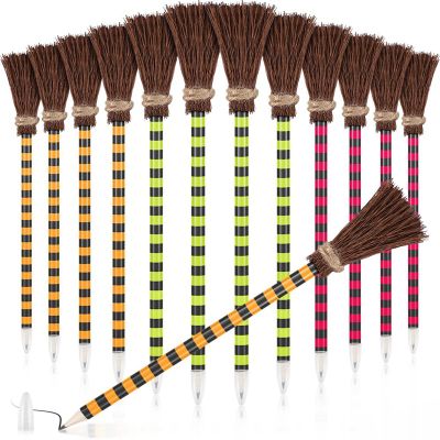 12 Piece Colorful Witch Broom Pens Wood Witch Broom Pencil